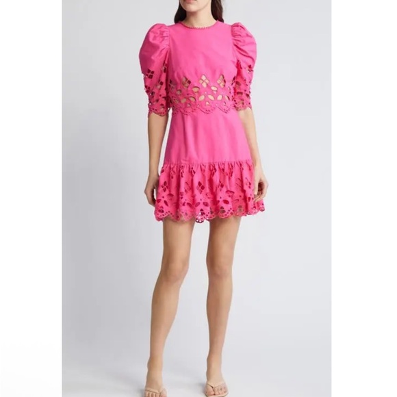 SAYLOR Dresses & Skirts - Saylor Auroette Eyelet Puff Sleeve Cotton Poplin
Dress in Hot Pink Size Medium